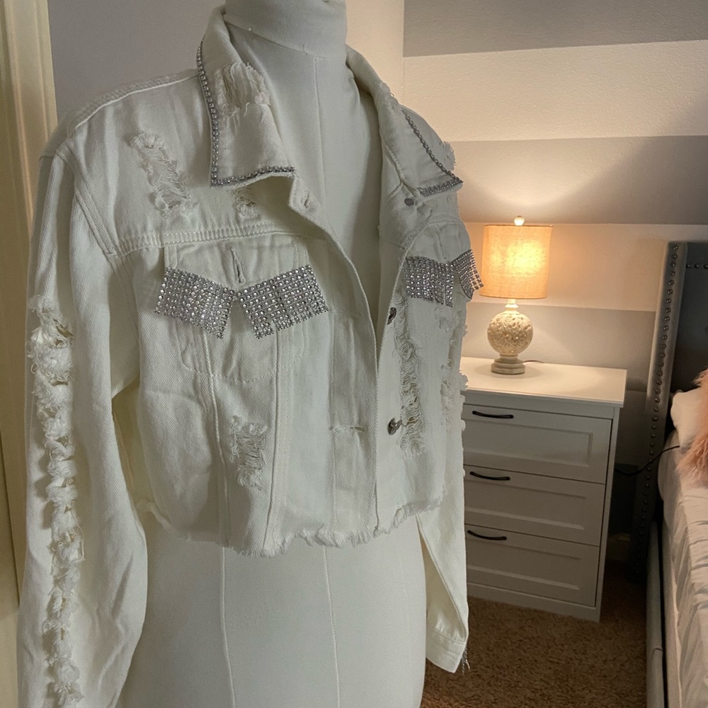 White hand embellished Jean jacket
